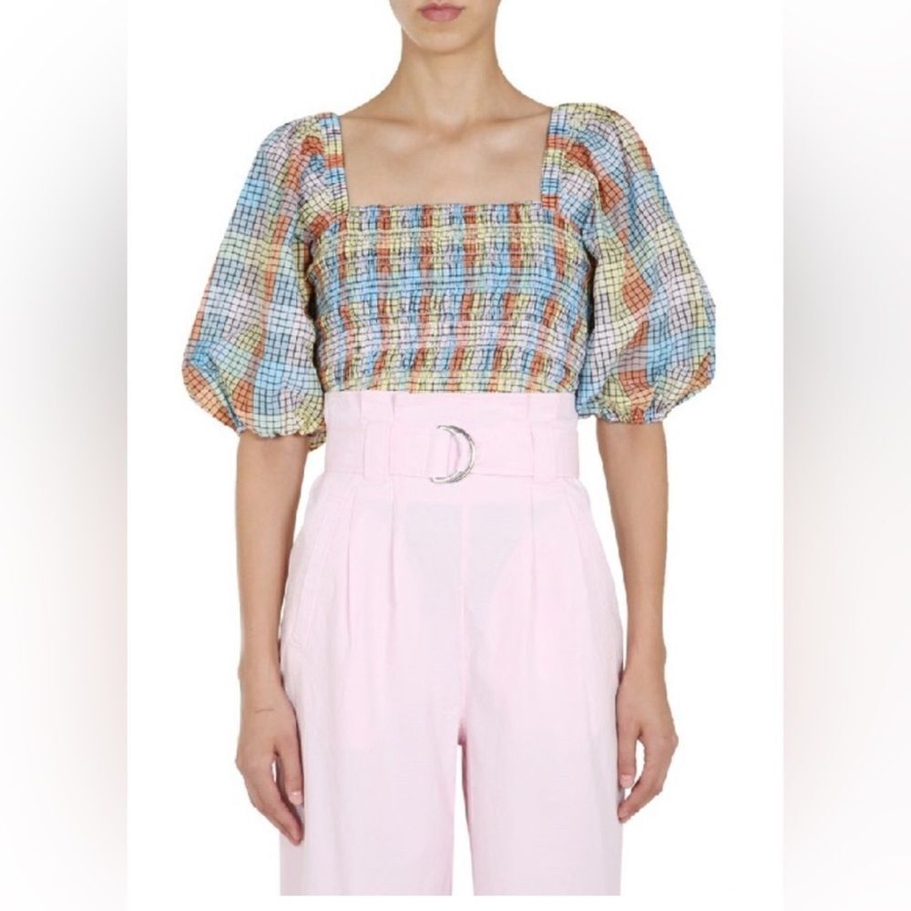 GANNI Smocked Cottagecore peasant Puff Sleeve Spring Pastel rainbow Top Size 36